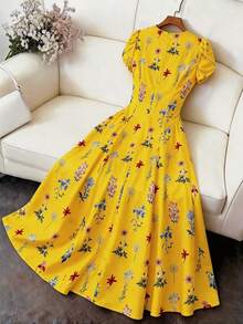 Rometta Plus Size Women's Vintage French Style V-Neck Ditsy Floral Short Sleeve Dress - Yellow - View 2