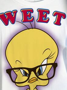 LOONEY TUNES X SHEIN 加大码圆领短袖可爱图案夏季T恤，X - 白色 - 查看 5