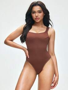 SHAPORA 女士极简纯色连体衣 - 棕色 - 查看 4