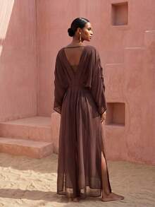 Zivah Women's Solid Color V-Neck Split Design Casual Vacation Travel Cover-Up Dress - Brown - View 7