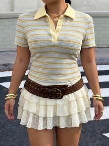 Muchica Camiseta de manga corta con cuello y botones a rayas talla grande - Multicolor - Ver 3