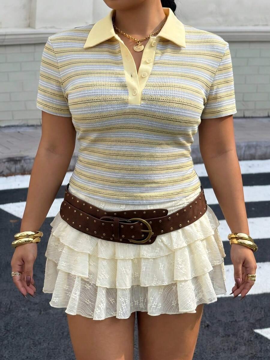 Muchica Plus Size Collared Button Short Sleeve Striped T-Shirt - Multicolor - View 1