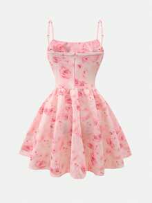 SHEIN Girlism Robe de fille adolescente à fleurs marguerite roses en tricot, taille cintrée avec fronces devant. Tenue élégante pour les sorties et les rassemblements, printemps/été, vacances et jours fériés - Rose bonbon - Voir 2