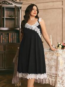 Côtesoire South France Elegant Casual Colorblock Lace Strap Plus Size Nightgown - Black - View 6