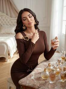 SHEIN Lady 女士优雅不对称领口鱼尾派对连衣裙 - 鏽棕色 - 查看 6