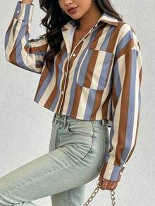SHEIN Women's Striped Button-Front Long Sleeve Shirt With Pockets - Multicolor - View 3