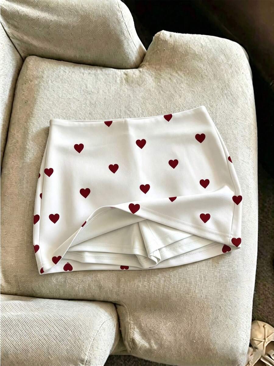 SHEIN Franclia Rok Celana Pendek Wanita Motif Hati Kasual Modis Serbaguna - Putih - View 1