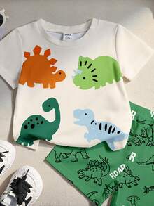 SHEIN Playful Pals 2件組 綠色男嬰休閒可愛卡通恐龍圓領T恤與滿版印花短褲套裝，適合夏季 - 彩色 - 查看 5