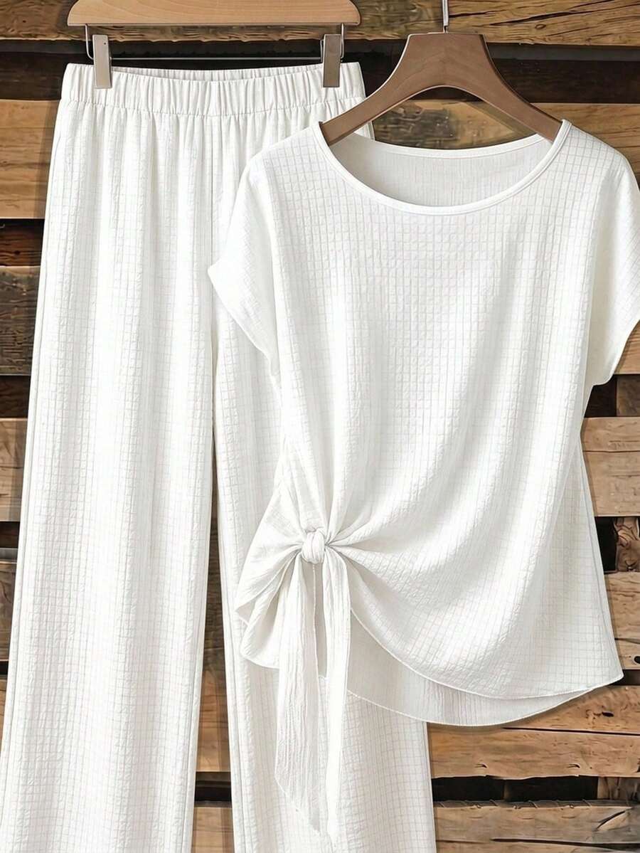SHEIN Clasi White Women's Shirt With Tie Bow And Loose Straight Leg Pants 2pcs Set - White - View 1