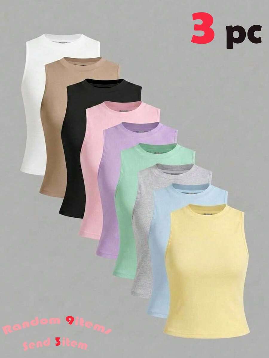 Random 9items,Send 3item Teen Girl Solid Color Round Neck Casual Versatile Daily Outing Tops 3pcs/Set - Multicolor - View 1