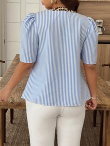 Weeklong Blusa holgada de mujer talla grande para primavera/verano, casual de vacaciones, con estampado de rayas & leopardo, patchwork y mangas gigot - Multicolor - Ver 2