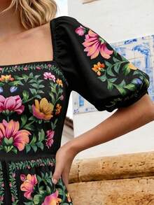 CAJUNI 女款花卉印花方領休閒派對短洋裝 - 黑色 - 查看 5