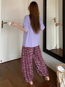 DAZY Women's Letter Print Short Sleeve Top And Leopard Print Long Pants Pajama Set Summer - Purple - View 2