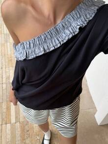 DAZY Casual Loose Fit Asymmetrical Shoulder Frill Trim Women T-Shirt - Navy Blue - View 8