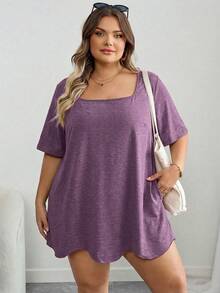 SHEIN CURVE+ Curve 大尺碼女裝/秋季女裝/冬季女裝/大尺碼方領不對稱下擺口袋短袖T恤黑色上衣 8XL 6XL 5XL 大尺碼女裝上衣，女款度假穿搭秋季冬季 CURVE PLUS - 紫色 - 查看 4