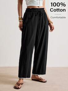 Freevana Pantalones largos casuales y versátiles de talla grande para mujer, unicolor, con cintura con cordón, para uso diario - Negro - Ver 4