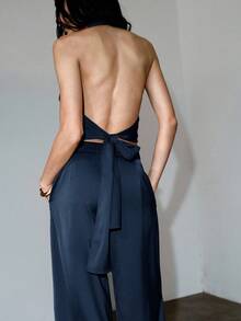MOTF PREMIUM Top corto halter urbano con cuello drapeado y espalda descubierta para primavera y verano - Azul Marino - Ver 2