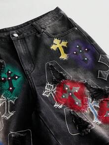 ROMWE MEN Men's Loose Fit Denim Shorts With Cross Embroidery Pattern - Black - View 2