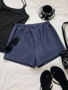 SHEIN EZwear 海軍藍編織女款腰部繫帶休閒短褲 - 藏蓝色 - 查看 2