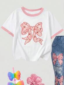 SHEIN 少女針織蝴蝶結圖案圓領T恤與修身喇叭褲2件組 - 粉色 - 查看 6