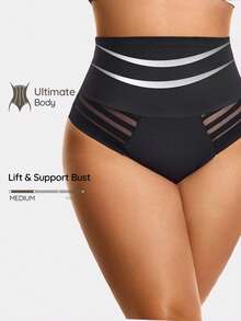 SHAPORA Plus Size Solid Color High Waist Net Mesh Patchwork Shaping Underpants - Black - View 1