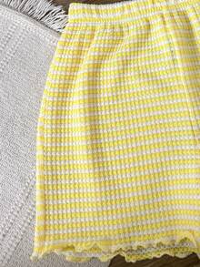 SHEIN 青少年女孩條紋檸檬刺繡短袖T恤與短褲休閒套裝 - 黃色 - 查看 8