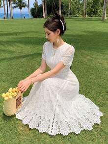 DAZY Summer Elegant White Lace Hollow Out Dress For Lady, Comfortable Casual Wear - White - View 7