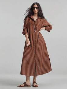 Ontre 2026 SS 女款長條紋襯衫洋裝，寬鬆休閒洋裝適用於都市通勤、商務、度假、海灘、婚禮賓客，優雅長袖鈕扣式洋裝，百搭現代辦公室穿搭 - 鏽棕色 - 查看 2