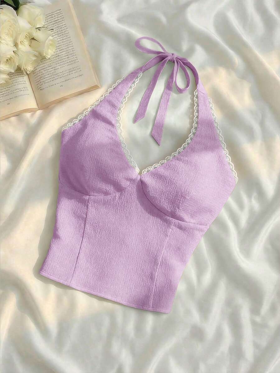 SHEIN MOD 女款對比蕾絲時尚掛脖上衣 - 紫色 - View 1