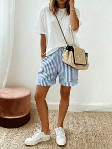 SHEIN LUNE Women's Casual Striped Shorts, Summer - Blue and White - View 4