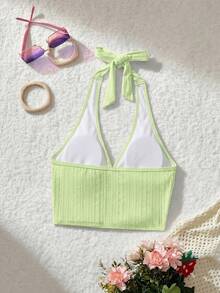 SHEIN MOD Neck Tie Front Ruched Knit Jacquard Pink Swimsuit Top - Green - View 2