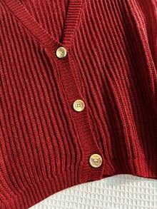 SHEIN EZwear 大尺碼女款紅色單排扣休閒針織開襟外套 - 紅色 - 查看 6