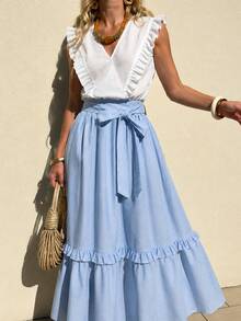 SHEIN LUNE Women's Spring/Summer Vacation Casual Tropical European Elegant Jamican Sexy V-Neck Flutter Sleeve Top And White Light Blue Skirt 2 Pieces Set - Blue and White - View 4