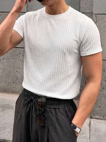 DAZY 白色紋理布料圓領短袖修身男士T恤 夏季 - 白色 - 查看 5