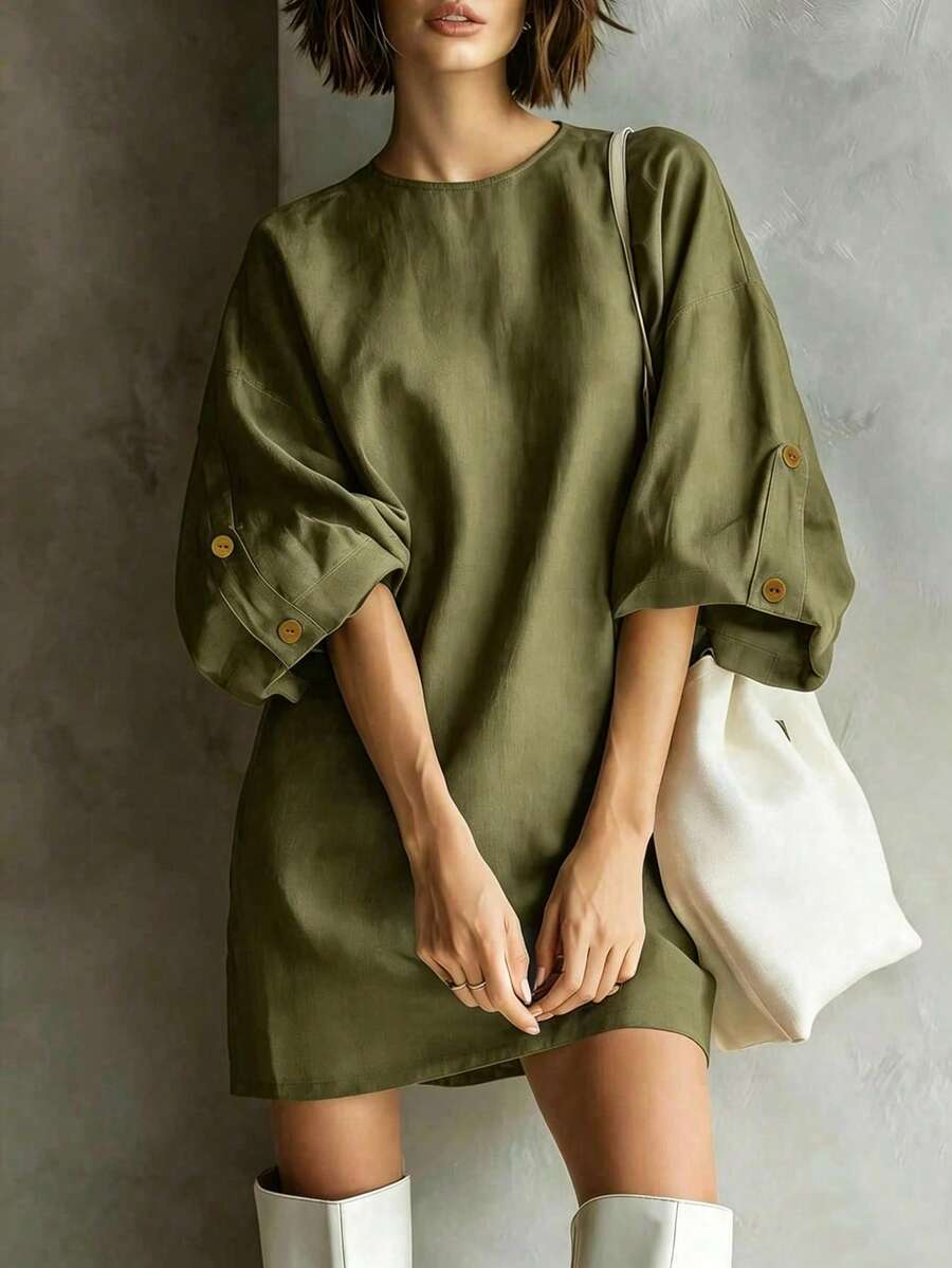 SHEIN LUNE 橄欖綠新款春夏圓領簡約舒適寬鬆連身裙,適合早午餐與日常休閒穿著 - 橄欖綠 - 查看 1