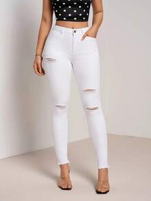 SHEIN Tall Jeans casuales versátiles para uso diario de mujer con bolsillo, botón y diseño desgastado - Blanco - Ver 1