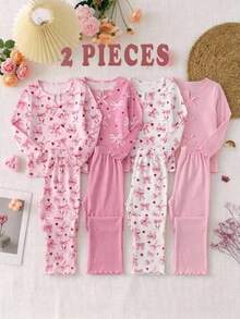 SHEIN 青少年女孩休閒日常百搭舒適寬鬆蝴蝶結圖案家居服 秋冬套裝 - 淺粉色 - 查看 3