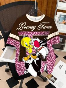 LOONEY TUNES X SHEIN 大码女式可爱时尚圆领短袖T恤 - 白色 - 查看 3