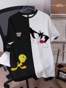 LOONEY TUNES X SHEIN Men's Colorblock Cartoon Print Round Neck Short Sleeve T-Shirt, All-Over Print - White - View 3