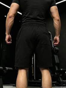 GymBeat Men's Drawstring Waist Letter Print Casual Versatile Daily Travel Sports Shorts, Gym - Black - View 2