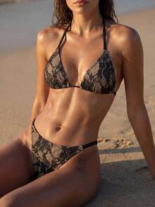 Swim Chiccia Nouveau bikini sexy en dentelle pour femmes, maillot de bain 2 pièces avec bretelles fines et bonnets triangulaires séparés, ensemble de 2 pièces en dentelle, maillot de bain sexy 2 pièces - Noir - Voir 4