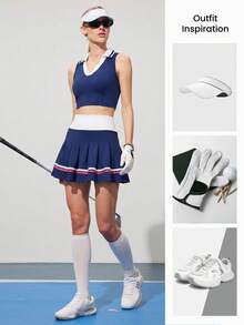 CourtClass CourtClass 女款高爾夫套裝，無袖V領翻領高腰百褶迷你裙，對比色休閒顯瘦戶外運動套裝 - 藏蓝色 - 查看 5