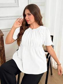 SHEIN LUNE 大尺碼夏季休閒素色短袖襯衫 - 白色 - 查看 8