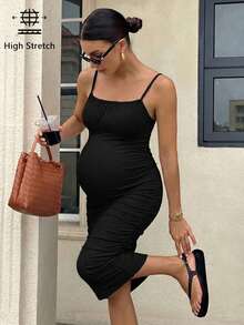 SHEIN Maternity Ribbed Solid Color Ruched Fitted Camisole Dress Photoshoot Black Summer Maternity Casual - Black - View 4