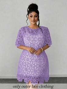 Maweii Plus Size Solid Color Hollow Out Round Neck Short Sleeve Dress - Mauve Purple - View 1