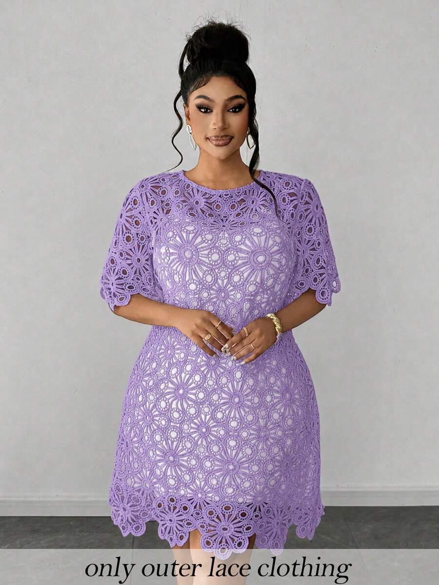 Maweii Plus Size Solid Color Hollow Out Round Neck Short Sleeve Dress - Mauve Purple - View 1