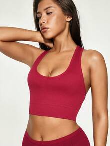 SHAPORA Sujetador inalámbrico de yoga de unicolor con diseño cruzado acanalado acanalado - Burdeos - Ver 3