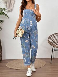 SHEIN 孕妇花卉图案口袋设计休闲牛仔背带裤 - 藍色 - 查看 3