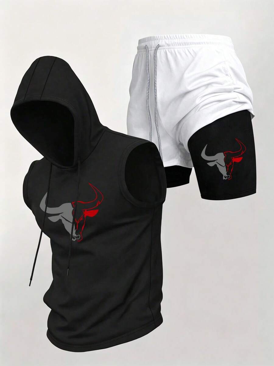 Gym Rark Conjunto deportivo para hombre con camiseta sin mangas con capucha y cordón con estampado de cabeza de toro y pantalones cortos de doble capa, para gimnasio - Negro - Ver 1