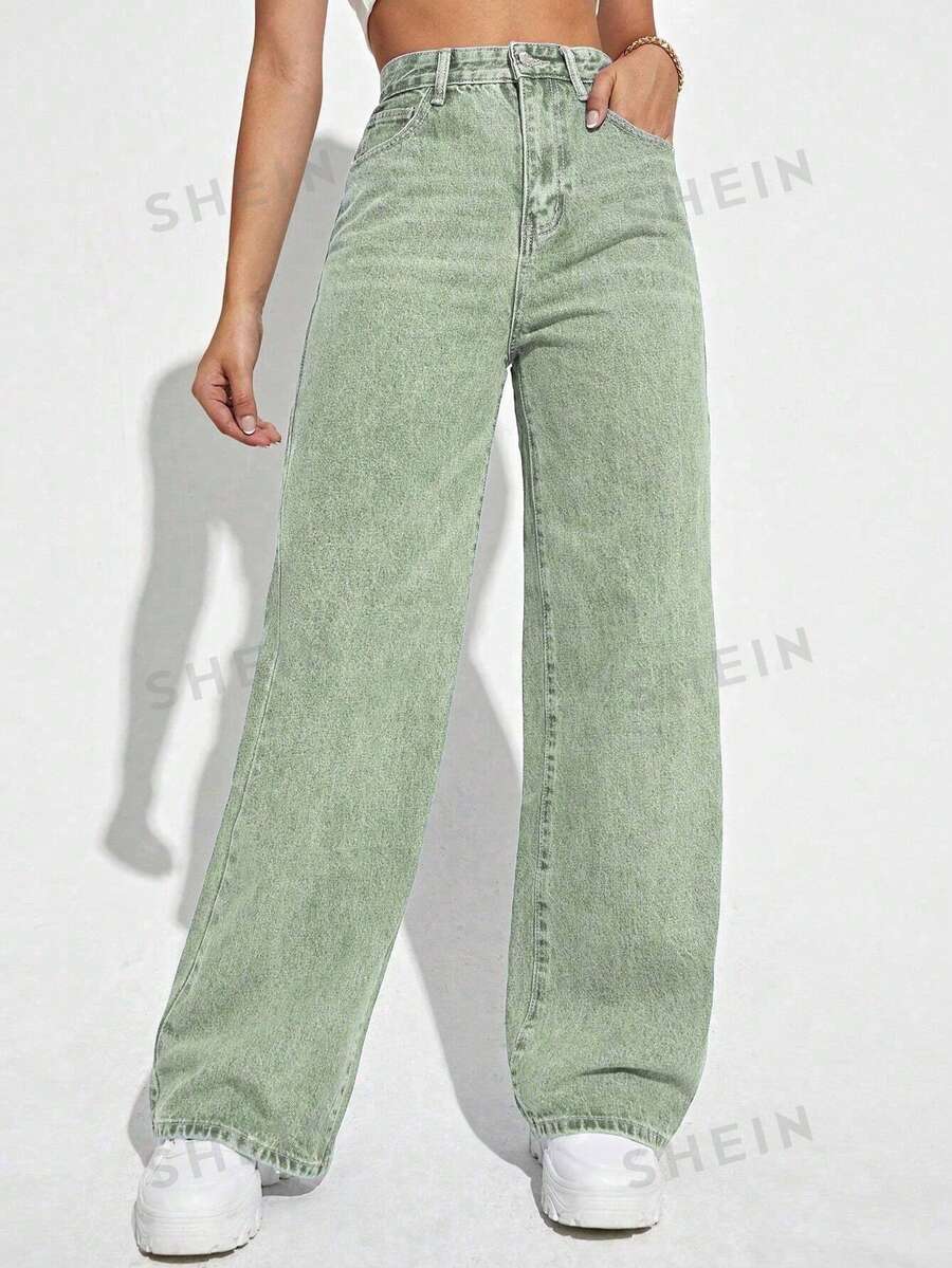 SHEIN ICON 女士休閒日常百搭直筒牛仔褲 - 軍綠色 - 查看 1
